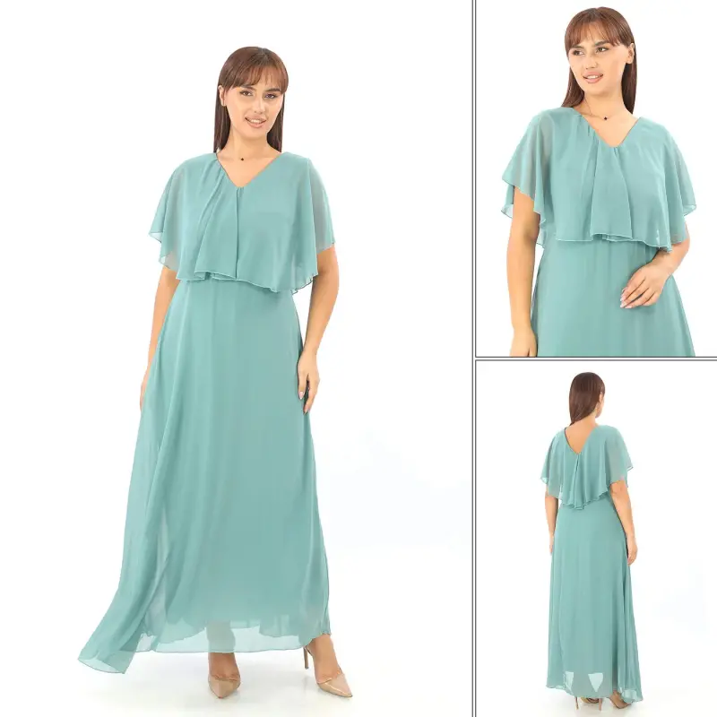 Women's Plus Size Chiffon V-Neck Caped Plus Size Elegant Çağla Green Evening Dress KL3065 - BÜYÜKBEDENIZ
