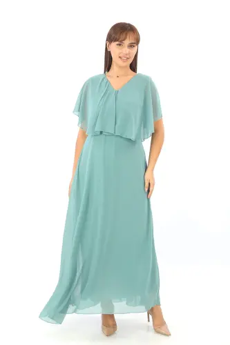 Women's Plus Size Chiffon V-Neck Caped Plus Size Elegant Çağla Green Evening Dress KL3065 - 2