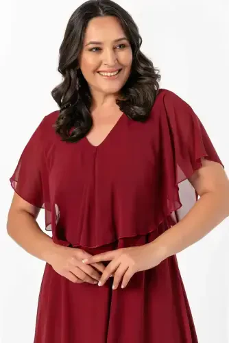 Women's Plus Size Chiffon V-Neck Caped Plus Size Elegant Dress KL3065 Burgundy - 1