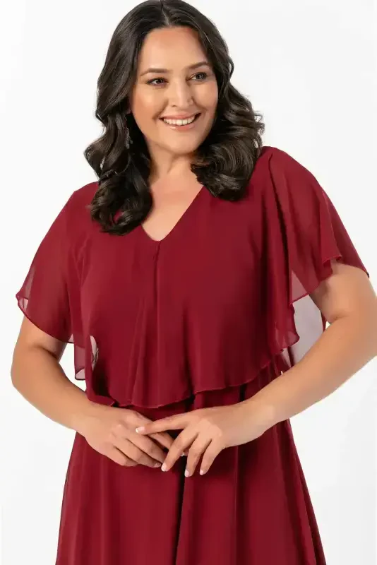 Women's Plus Size Chiffon V-Neck Caped Plus Size Elegant Dress KL3065 Burgundy - 1