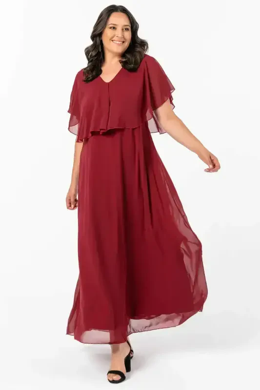 Women's Plus Size Chiffon V-Neck Caped Plus Size Elegant Dress KL3065 Burgundy - 2