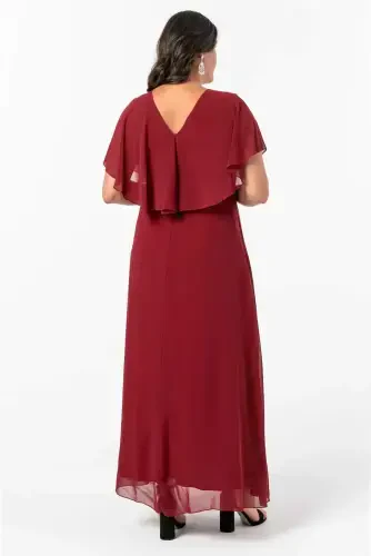 Women's Plus Size Chiffon V-Neck Caped Plus Size Elegant Dress KL3065 Burgundy - 3