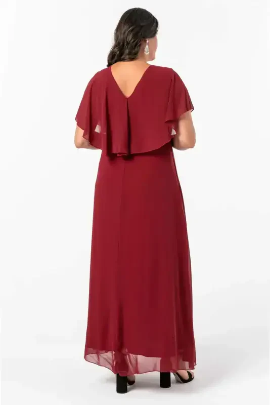 Women's Plus Size Chiffon V-Neck Caped Plus Size Elegant Dress KL3065 Burgundy - 3