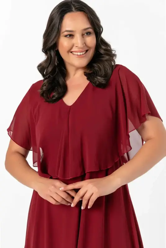 Women's Plus Size Chiffon V-Neck Caped Plus Size Elegant Dress KL3065 Burgundy - 1