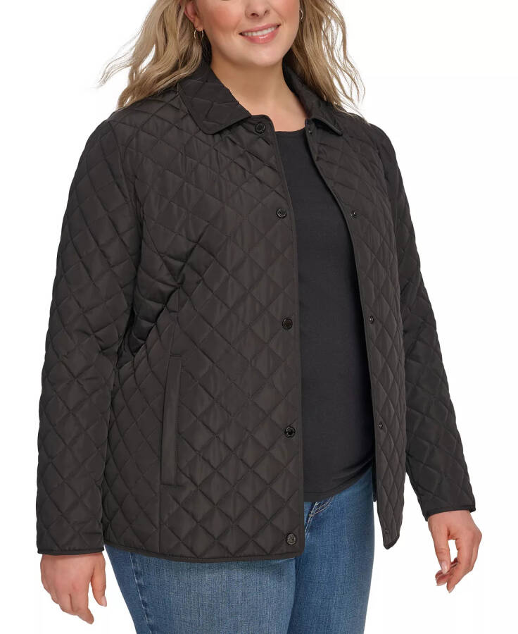 Women's Plus Size Collared Quilted Coat Black - 3