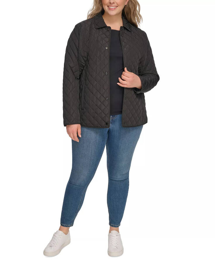 Women's Plus Size Collared Quilted Coat Black - 5