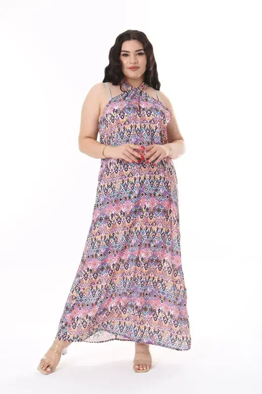Women's Plus Size Colorful Tie-Neck Crepe Maxi Dress 65N38163 - 1