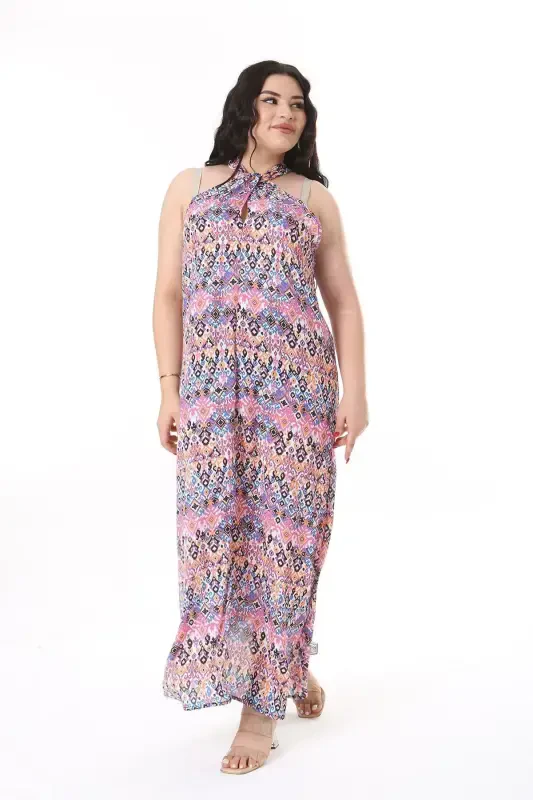 Women's Plus Size Colorful Tie-Neck Crepe Maxi Dress 65N38163 - 3