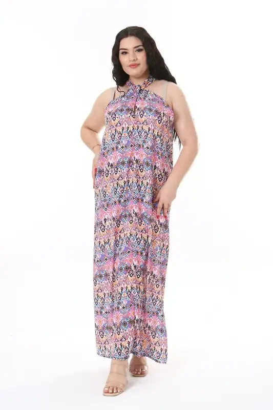 Women's Plus Size Colorful Tie-Neck Crepe Maxi Dress 65N38163 - 4