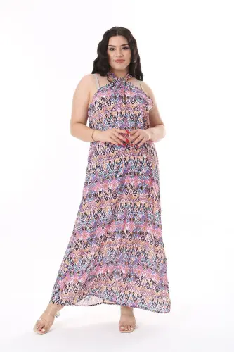 Women's Plus Size Colorful Tie-Neck Crepe Maxi Dress 65N38163 - 3
