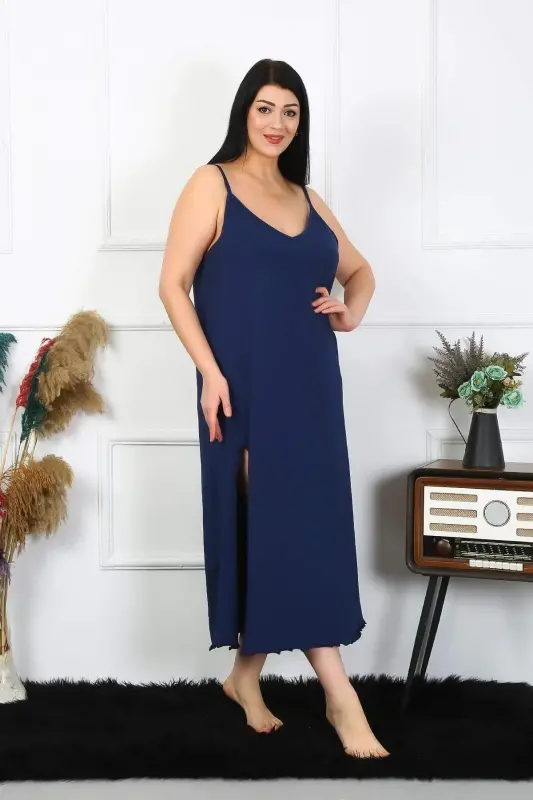 Women's Plus Size Cotton Navy Blue Long Nightgown with Spaghetti Straps 12100 - BÜYÜKBEDENIZ