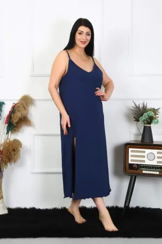 Women's Plus Size Cotton Navy Blue Long Nightgown with Spaghetti Straps 12100 - 1