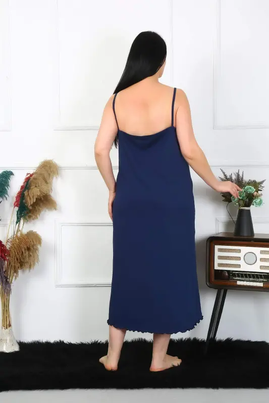 Women's Plus Size Cotton Navy Blue Long Nightgown with Spaghetti Straps 12100 - 2