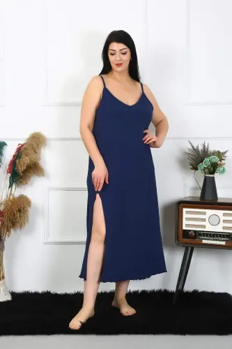 Women's Plus Size Cotton Navy Blue Long Nightgown with Spaghetti Straps 12100 - 3