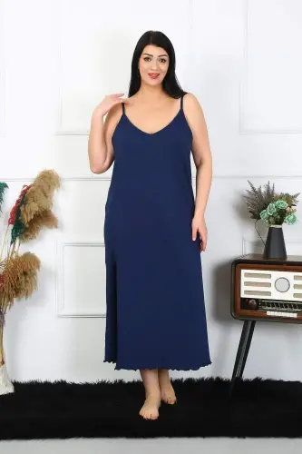 Women's Plus Size Cotton Navy Blue Long Nightgown with Spaghetti Straps 12100 - 4