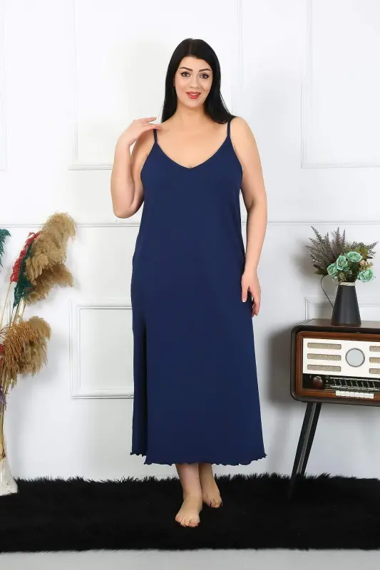 Women's Plus Size Cotton Navy Blue Long Nightgown with Spaghetti Straps 12100 - 4