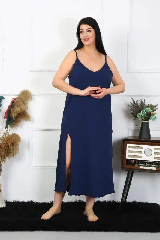 Women's Plus Size Cotton Navy Blue Long Nightgown with Spaghetti Straps 12100 - 5