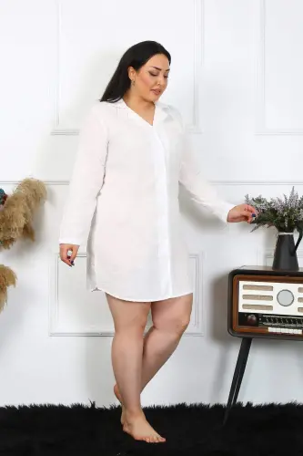 Women's Plus Size Cotton Woven Buttoned Long Sleeve Ecru Tunic Nightgown 12201 - 7
