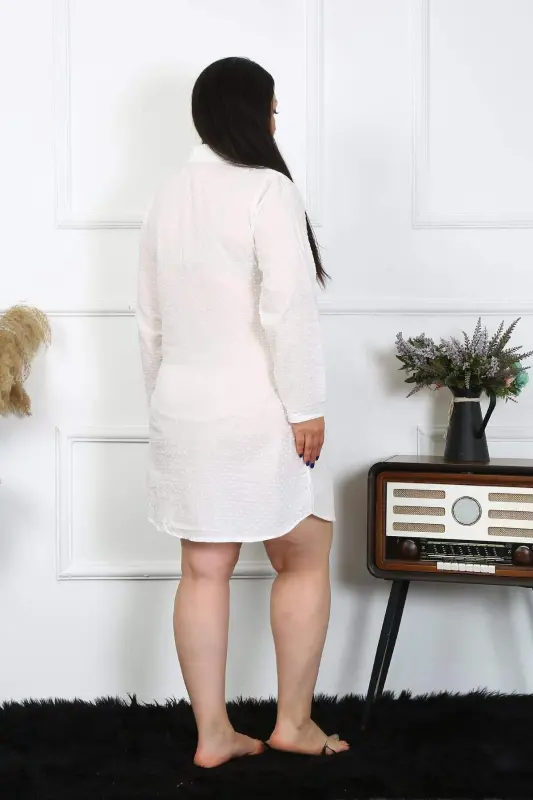 Women's Plus Size Cotton Woven Buttoned Long Sleeve Ecru Tunic Nightgown 12201 - 10