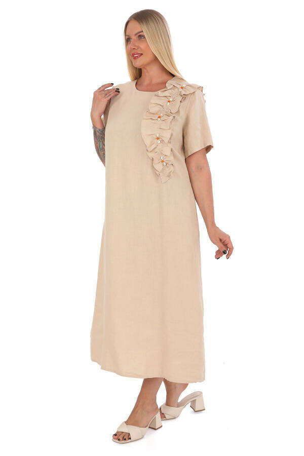 Women's Plus Size Crew Neck 100% Linen Dress Beige - 2