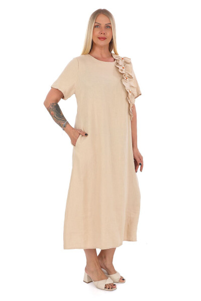 Women's Plus Size Crew Neck 100% Linen Dress Beige - 3