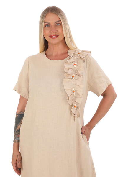 Women's Plus Size Crew Neck 100% Linen Dress Beige - 4