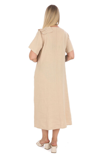 Women's Plus Size Crew Neck 100% Linen Dress Beige - 5