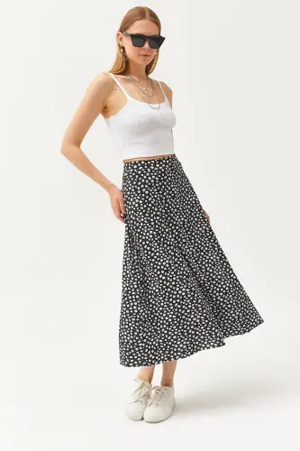 Women's Plus Size Daisy Black Elastic Waist Patterned Midi Skirt 