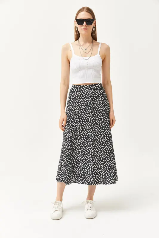 Women's Plus Size Daisy Black Elastic Waist Patterned Midi Skirt - 2