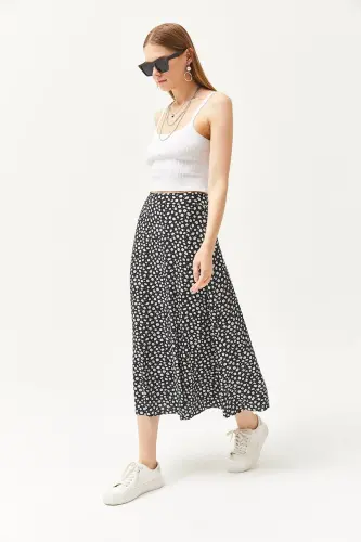 Women's Plus Size Daisy Black Elastic Waist Patterned Midi Skirt - 3