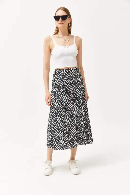 Women's Plus Size Daisy Black Elastic Waist Patterned Midi Skirt - 4