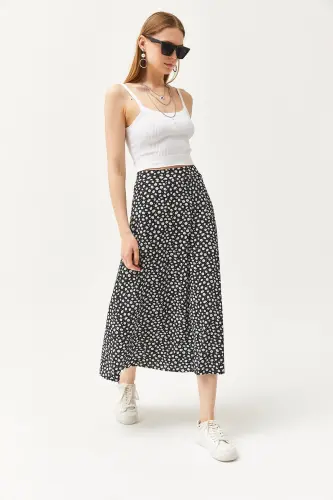 Women's Plus Size Daisy Black Elastic Waist Patterned Midi Skirt - 5