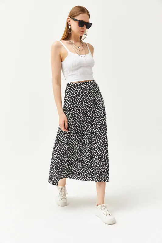 Women's Plus Size Daisy Black Elastic Waist Patterned Midi Skirt - 5