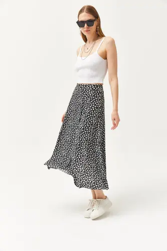 Women's Plus Size Daisy Black Elastic Waist Patterned Midi Skirt - 6