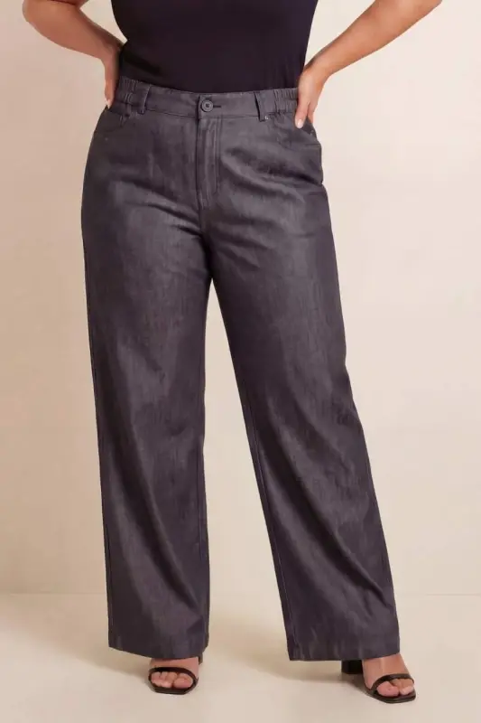 Women's Plus Size Elastic Waist Denim Look Fabric Trousers Black - 1