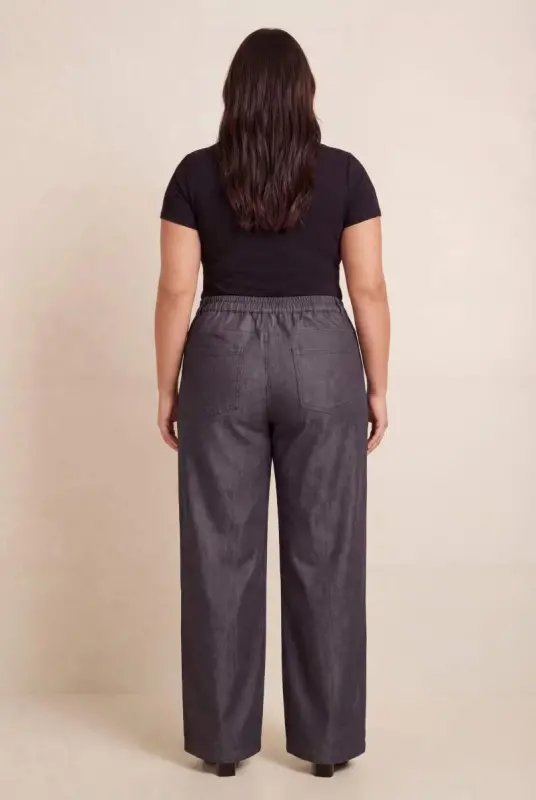 Women's Plus Size Elastic Waist Denim Look Fabric Trousers Black - 2