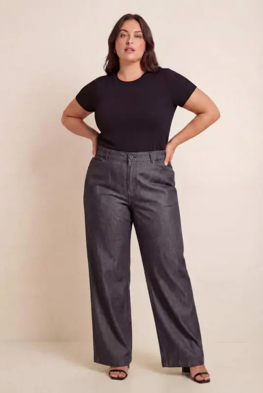 Women's Plus Size Elastic Waist Denim Look Fabric Trousers Black - 3