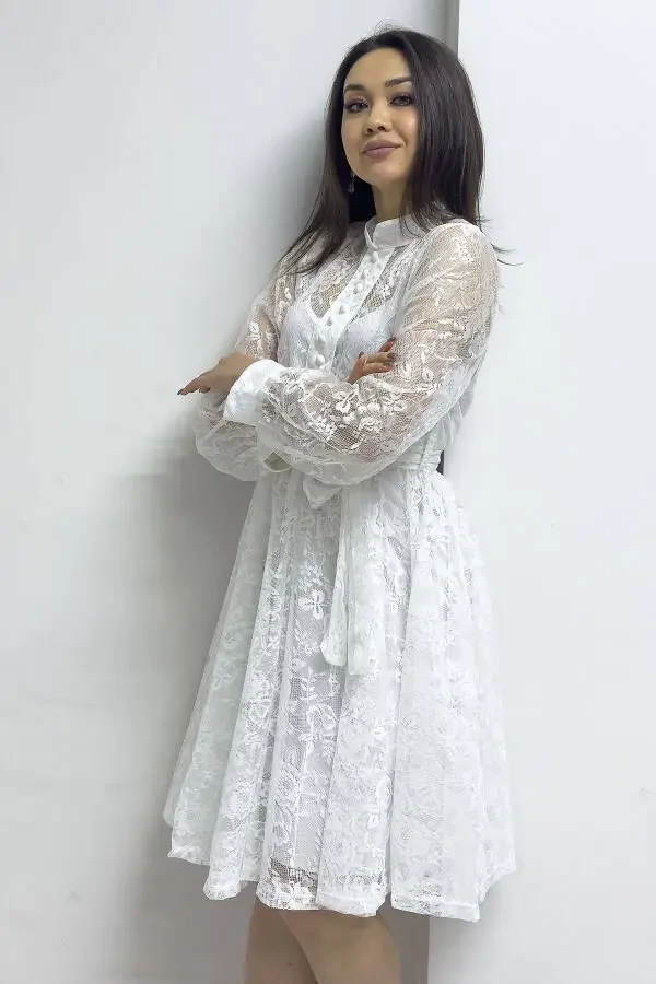 Women's Plus Size Embroidered French Lace Buttoned Evening Dress - 2