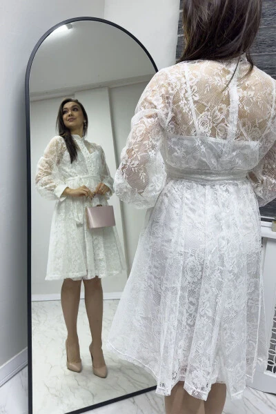 Women's Plus Size Embroidered French Lace Buttoned Evening Dress - 4