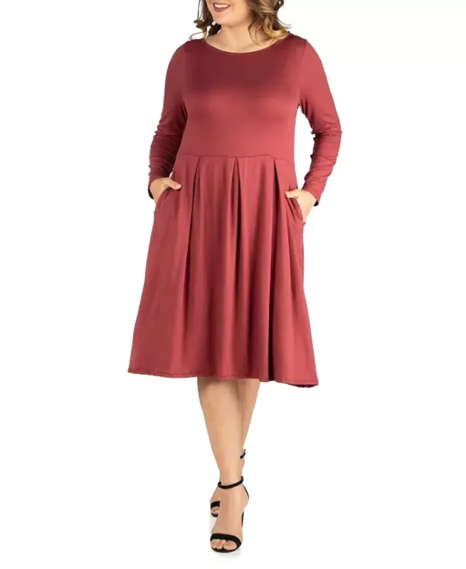 Women's Plus Size Fit and Flare Midi Dress-Brick - 24SEVEN COMFORT APPAREL