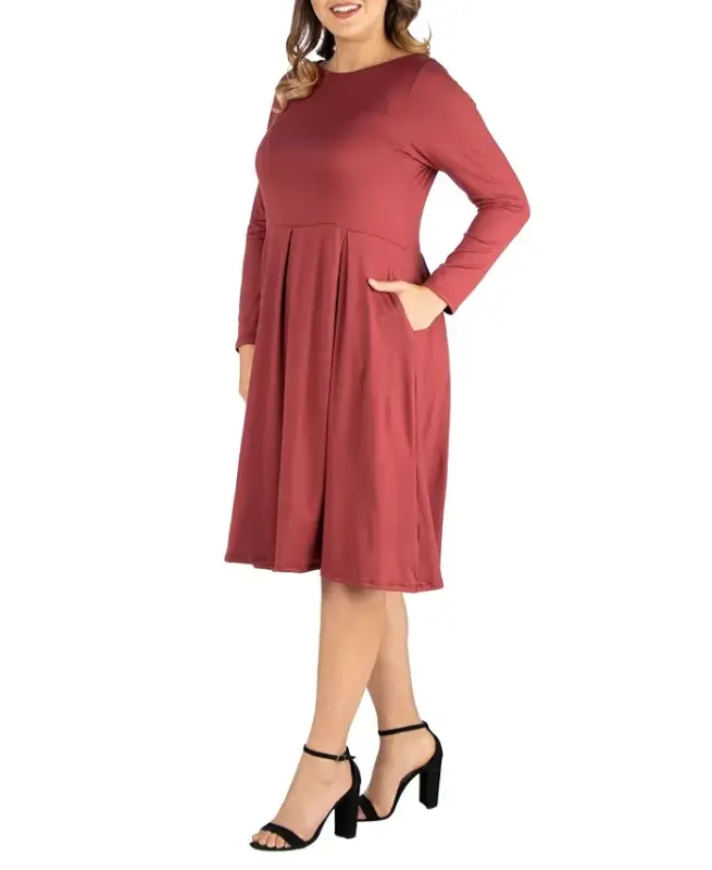 Women's Plus Size Fit and Flare Midi Dress-Brick - 2