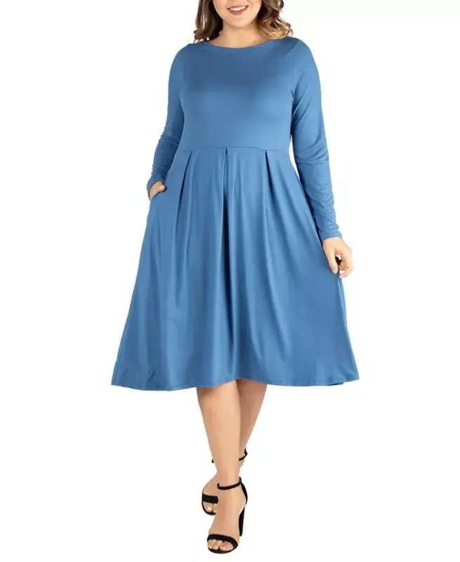 Women's Plus Size Fit and Flare Midi Dress-Indigo - 1