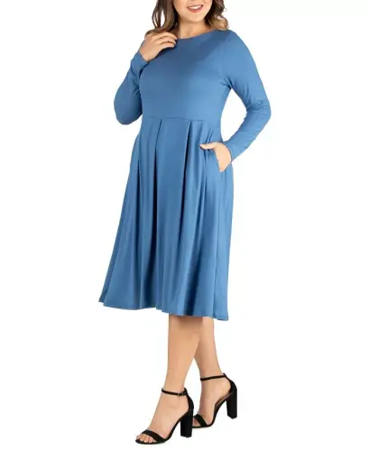 Women's Plus Size Fit and Flare Midi Dress-Indigo - 24SEVEN COMFORT APPAREL (1)
