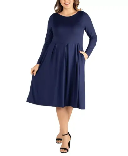 Women's Plus Size Fit and Flare Midi Dress-Navy 