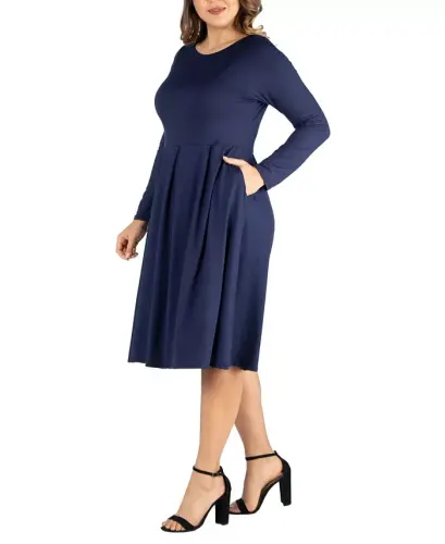 Women's Plus Size Fit and Flare Midi Dress-Navy - 24SEVEN COMFORT APPAREL (1)