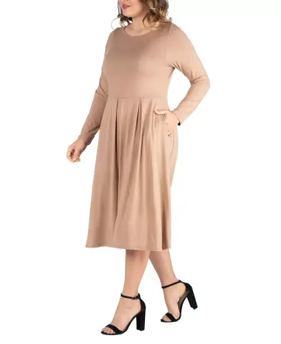 Women's Plus Size Fit and Flare Midi Dress-Wheat - 24SEVEN COMFORT APPAREL (1)