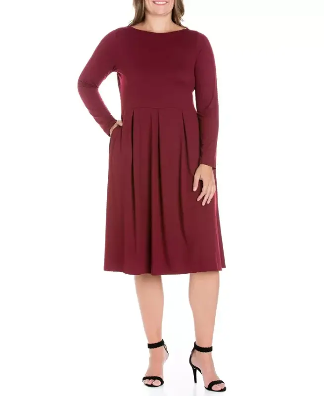 Women's Plus Size Fit and Flare Midi Dress-Wine - 24SEVEN COMFORT APPAREL