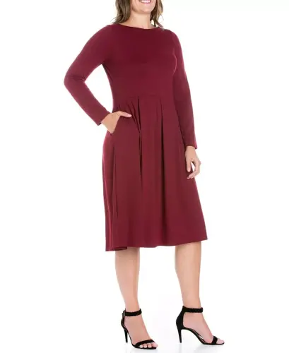 Women's Plus Size Fit and Flare Midi Dress-Wine - 24SEVEN COMFORT APPAREL (1)