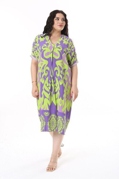 Women's Plus Size Green Woven Viscose Fabric V-Neck Dress 65N38162 - 15