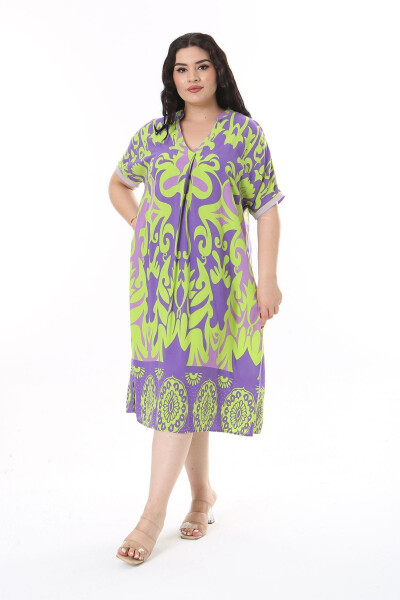 Women's Plus Size Green Woven Viscose Fabric V-Neck Dress 65N38162 - ŞANS